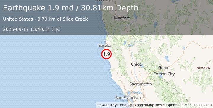 Earthquake 21 km ESE of Petrolia, CA (1.9 md) (2025-09-17 13:40:14 UTC)