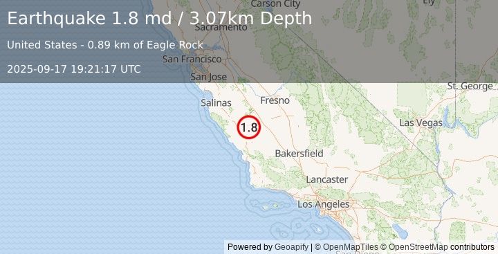 Earthquake 23 km NNW of Parkfield, CA (1.8 md) (2025-09-17 19:21:17 UTC)