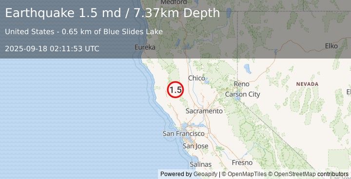 Earthquake 17 km SE of Lake Pillsbury, CA (1.5 md) (2025-09-18 02:11:53 UTC)