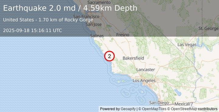Earthquake 6 km WNW of Atascadero, CA (2.0 md) (2025-09-18 15:16:11 UTC)