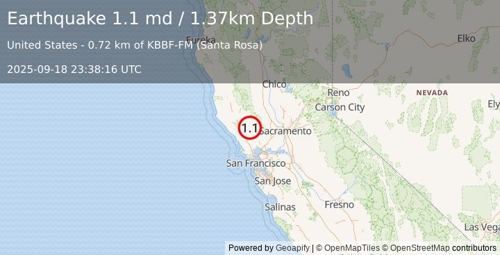 Earthquake 9 km  of Calistoga, CA (1.1 md) (2025-09-18 23:38:16 UTC)
