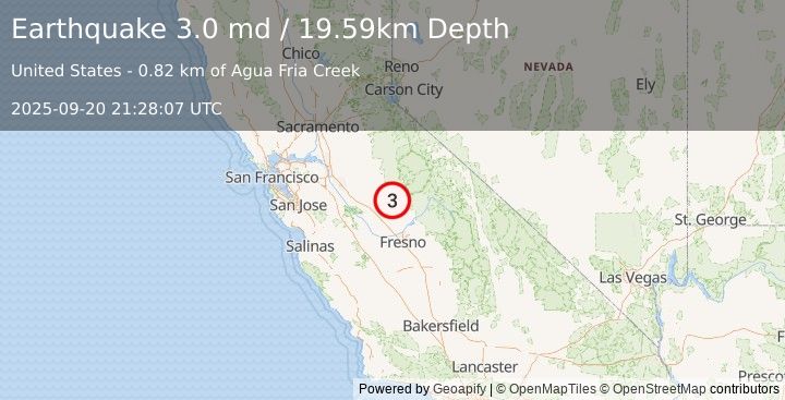 Earthquake 9 km SSW of Mariposa, CA (3.0 md) (2025-09-20 21:28:07 UTC)