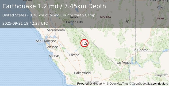 Earthquake 14 km ESE of Mammoth Lakes, CA (1.2 md) (2025-09-21 19:42:27 UTC)