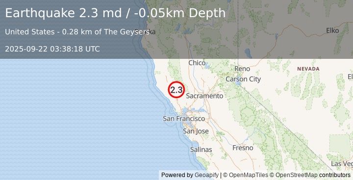 Earthquake 0 km ENE of The Geysers, CA (2.3 md) (2025-09-22 03:38:18 UTC)