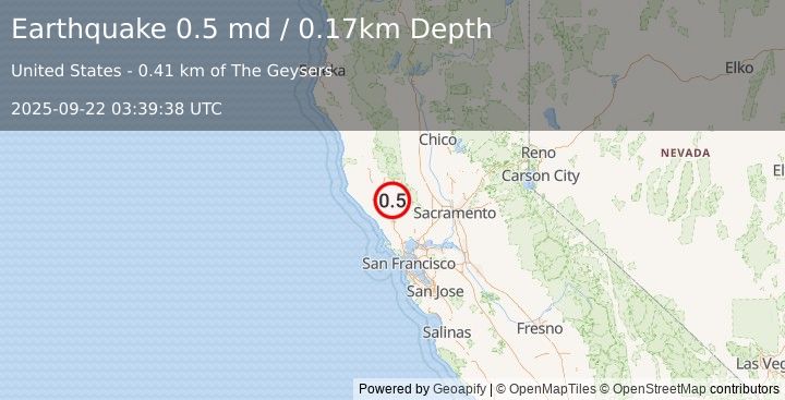 Earthquake 0 km ESE of The Geysers, CA (0.5 md) (2025-09-22 03:39:38 UTC)