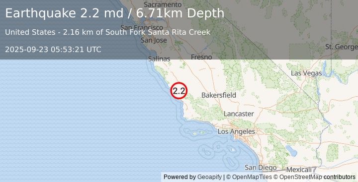 Earthquake 7 km WSW of Templeton, CA (2.2 md) (2025-09-23 05:53:21 UTC)