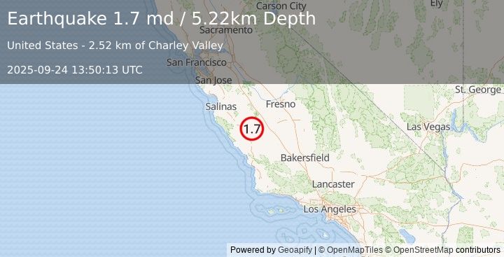 Earthquake 23 km ENE of San Ardo, CA (1.7 md) (2025-09-24 13:50:13 UTC)