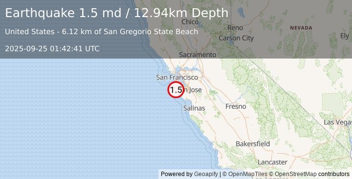 Earthquake 15 km SSW of Half Moon Bay, CA (1.5 md) (2025-09-25 01:42:41 UTC)