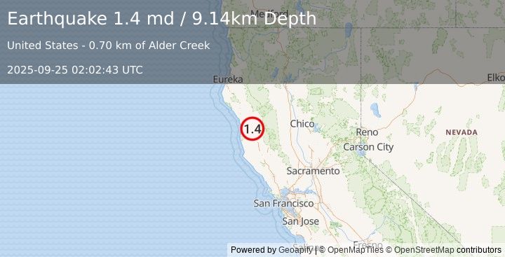 Earthquake 12 km SSE of Laytonville, CA (1.4 md) (2025-09-25 02:02:43 UTC)