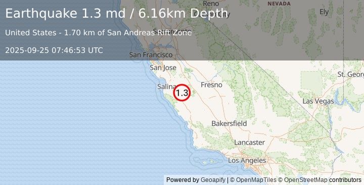 Earthquake 10 km SSE of Pinnacles, CA (1.3 md) (2025-09-25 07:46:53 UTC)