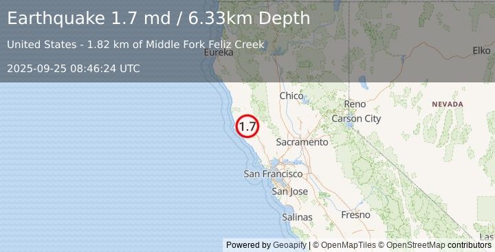 Earthquake 11 km ESE of Boonville, CA (1.7 md) (2025-09-25 08:46:24 UTC)