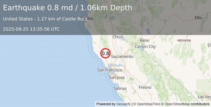 Earthquake 3 km S of The Geysers, CA (0.8 md) (2025-09-25 13:35:56 UTC)