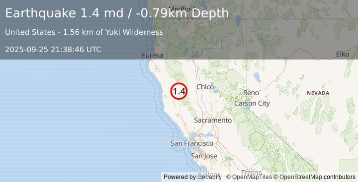 Earthquake 19 km N of Lake Pillsbury, CA (1.4 md) (2025-09-25 21:38:46 UTC)