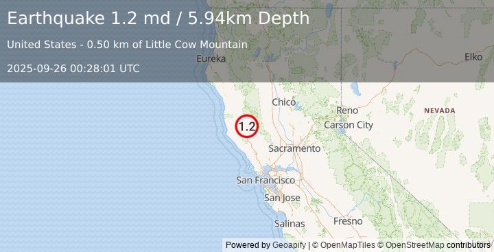 Earthquake 10 km W of Upper Lake, CA (1.2 md) (2025-09-26 00:28:01 UTC)