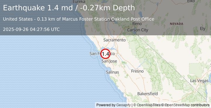 Earthquake 3 km NNW of San Leandro, CA (1.4 md) (2025-09-26 04:27:56 UTC)