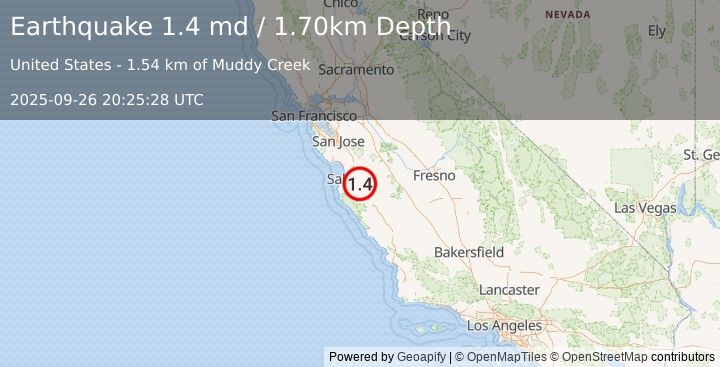 Earthquake 10 km E of Chualar, CA (1.4 md) (2025-09-26 20:25:28 UTC)