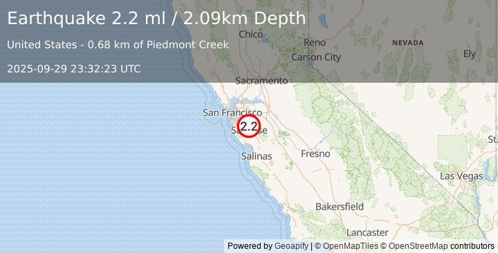 Earthquake 1 km SE of Milpitas, CA (2.2 ml) (2025-09-29 23:32:23 UTC)