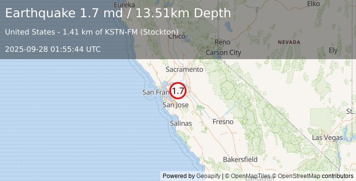 Earthquake 11 km E of Blackhawk, CA (1.7 md) (2025-09-28 01:55:44 UTC)