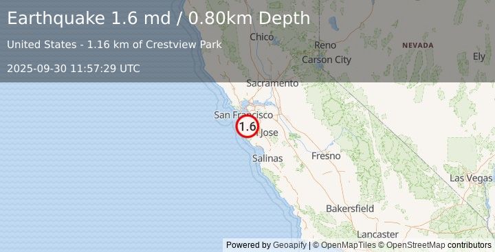 Earthquake 3 km WSW of San Carlos, CA (1.6 md) (2025-09-30 11:57:29 UTC)