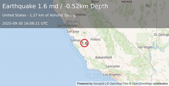 Earthquake 13 km WNW of New Idria, CA (1.6 md) (2025-09-30 16:08:21 UTC)