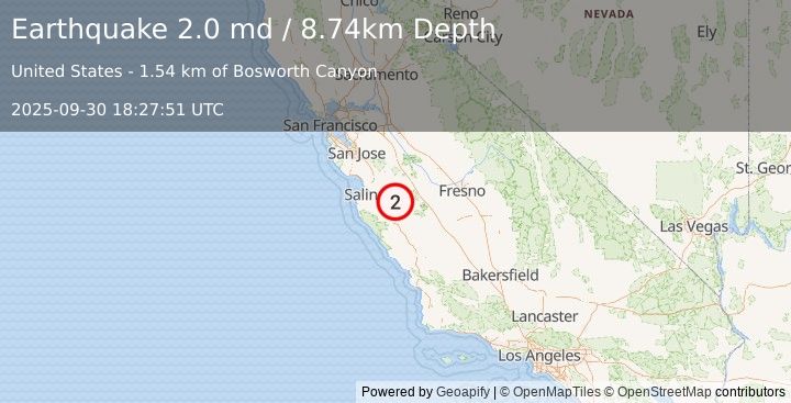 Earthquake 4 km NE of Pinnacles, CA (2.0 md) (2025-09-30 18:27:51 UTC)