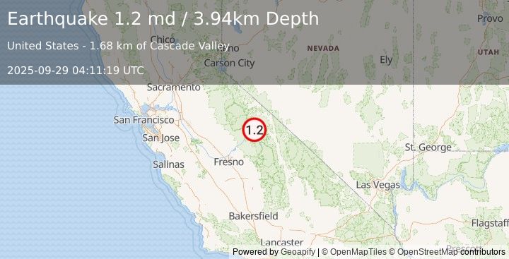 Earthquake 11 km SSW of Mammoth Lakes, CA (1.2 md) (2025-09-29 04:11:19 UTC)