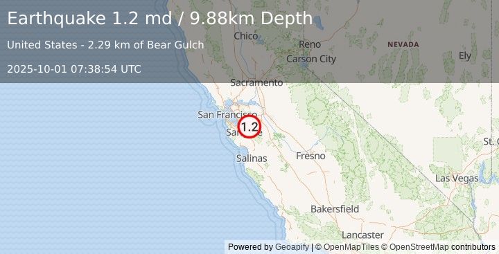 Earthquake 14 km NE of Alum Rock, CA (1.2 md) (2025-10-01 07:38:54 UTC)