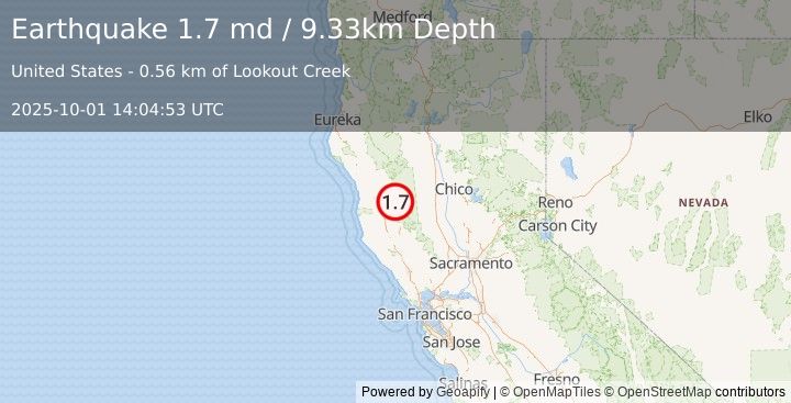Earthquake 14 km NNW of Lake Pillsbury, CA (1.7 md) (2025-10-01 14:04:53 UTC)