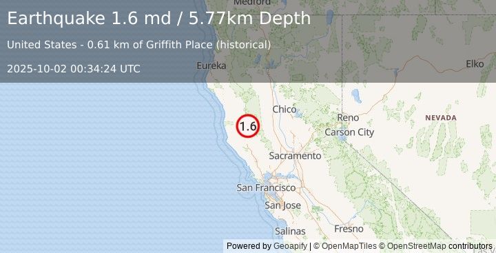 Earthquake 13 km SSW of Lake Pillsbury, CA (1.6 md) (2025-10-02 00:34:24 UTC)