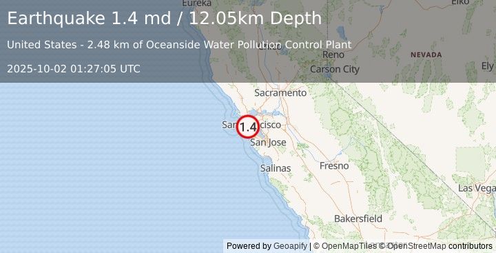 Earthquake 3 km WSW of San Francisco Zoo, CA (1.4 md) (2025-10-02 01:27:05 UTC)