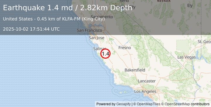 Earthquake 7 km NNE of Greenfield, CA (1.4 md) (2025-10-02 17:51:44 UTC)