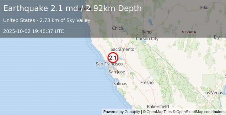 Earthquake 7 km E of Vallejo, CA (2.1 md) (2025-10-02 19:40:37 UTC)