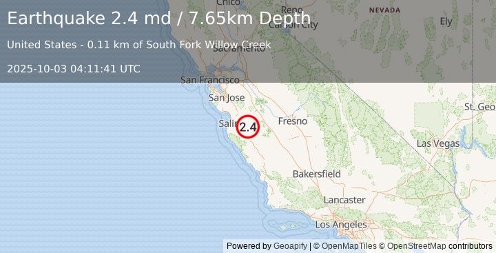 Earthquake 9 km NW of Pinnacles, CA (2.4 md) (2025-10-03 04:11:41 UTC)