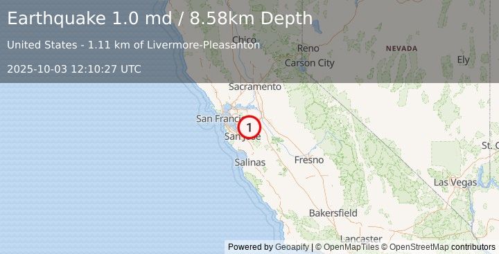 Earthquake 16 km SSE of Livermore, CA (1.0 md) (2025-10-03 12:10:27 UTC)