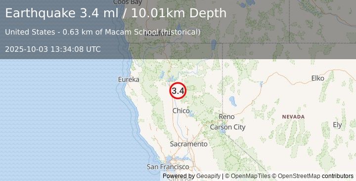 Earthquake 9 km W of Manton, CA (3.4 ml) (2025-10-03 13:34:08 UTC)