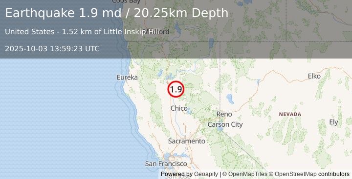 Earthquake 11 km WSW of Manton, CA (1.9 md) (2025-10-03 13:59:23 UTC)