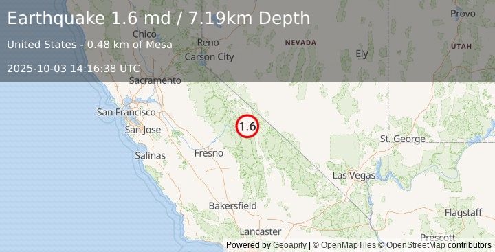 Earthquake 5 km E of Round Valley, CA (1.6 md) (2025-10-03 14:16:38 UTC)