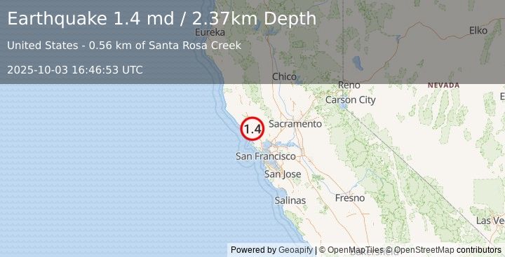 Earthquake 4 km NE of Graton, CA (1.4 md) (2025-10-03 16:46:53 UTC)