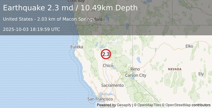 Earthquake 11 km WSW of Manton, CA (2.3 md) (2025-10-03 18:19:59 UTC)
