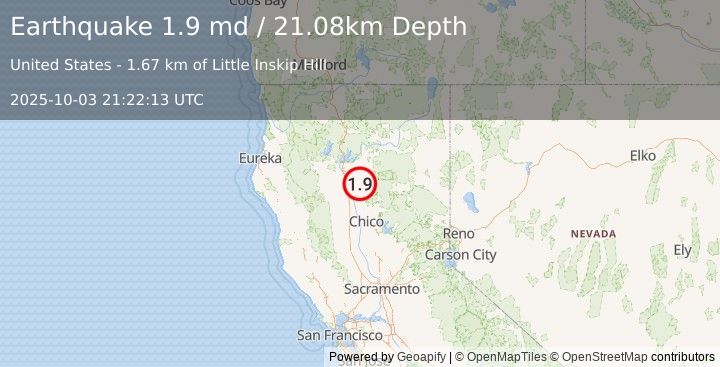 Earthquake 12 km WSW of Manton, CA (1.9 md) (2025-10-03 21:22:13 UTC)