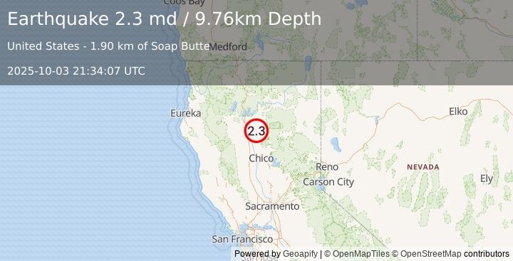 Earthquake 11 km WSW of Manton, CA (2.3 md) (2025-10-03 21:34:07 UTC)