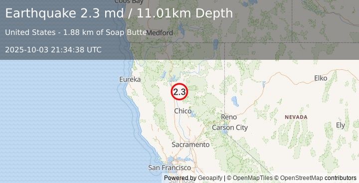 Earthquake 11 km WSW of Manton, CA (2.3 md) (2025-10-03 21:34:38 UTC)
