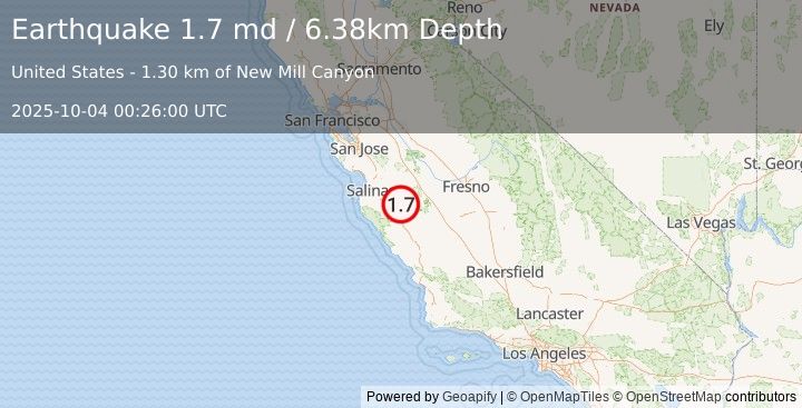 Earthquake 11 km SE of Pinnacles, CA (1.7 md) (2025-10-04 00:26:00 UTC)