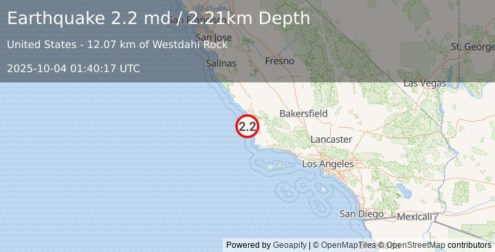 Earthquake 17 km SSW of Avila Beach, CA (2.2 md) (2025-10-04 01:40:17 UTC)