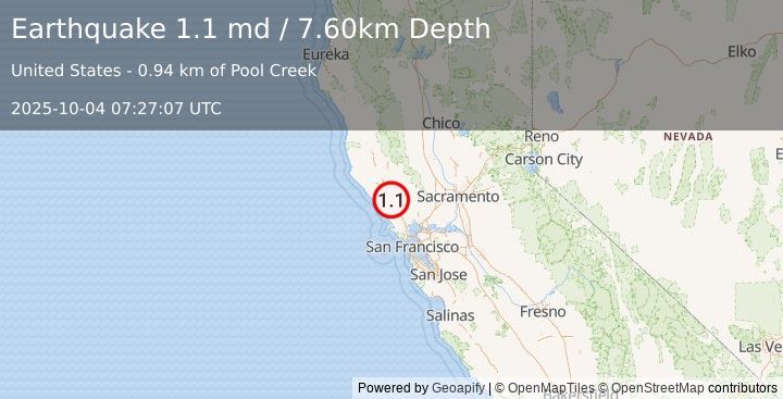 Earthquake 3 km SW of Windsor, CA (1.1 md) (2025-10-04 07:27:07 UTC)