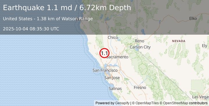 Earthquake 8 km E of Hidden Valley Lake, CA (1.1 md) (2025-10-04 08:35:30 UTC)