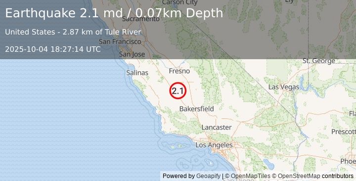 Earthquake 11 km ENE of Kettleman City, CA (2.1 md) (2025-10-04 18:27:14 UTC)