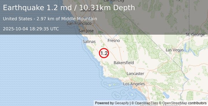Earthquake 11 km NW of Parkfield, CA (1.2 md) (2025-10-04 18:29:35 UTC)