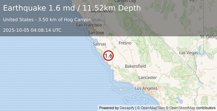 Earthquake 8 km WSW of San Ardo, CA (1.6 md) (2025-10-05 04:08:14 UTC)