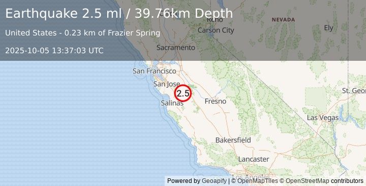 Earthquake 27 km NE of Hollister, CA (2.5 ml) (2025-10-05 13:37:03 UTC)